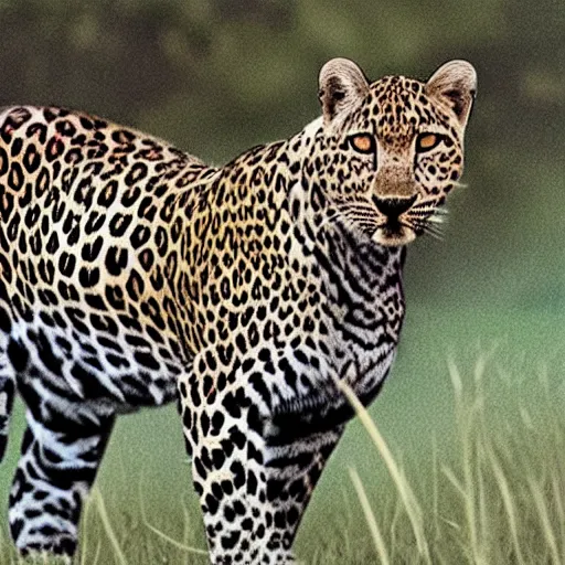 Prompt: Leopard which is colored like zebra photorealistic