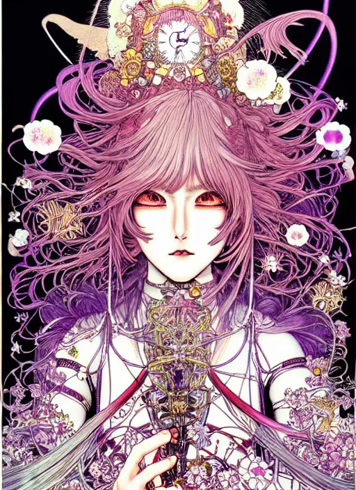 Image similar to highly detailed terada katsuya atrstation manga poster of princess mechine, face by aregerm, rainbow gradient reflection, ayami kojima, long hair, armor, dress, laces, ruffles, 8 k, maximalist, takato yamamoto