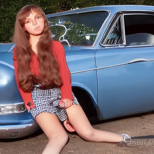 Prompt: young Nancy sinatra doing a cute pose beside a vintage car