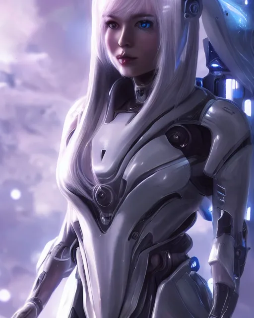 Image similar to perfect android girl on a mothership, warframe armor, beautiful face, scifi, futuristic, galaxy, nebula, raytracing, dreamy, long white hair, blue cyborg eyes, sharp focus, cinematic lighting, highly detailed, artstation, divine, by gauthier leblanc, kazuya takahashi, huifeng huang