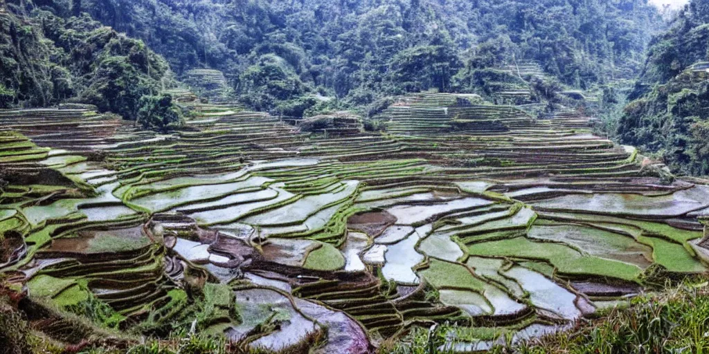 Image similar to a photo of ifugao rice terraces in the Philippines snowing and everything is covered with snow, winter wonderland, tropical snow, bad cold weather