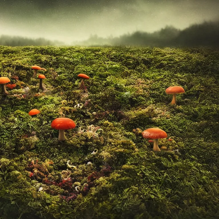 Image similar to a planet of various fungus, mushrooms, flowers and plants, inside the picture is infinity, Atmospheric, artistic photography, conceptual, long exposure outside the city, volumetric light