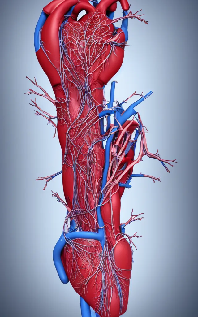 Image similar to intricated scientific medical 3d animation of the muscles and veins of a human with a heart in their hands photography 3d octane render