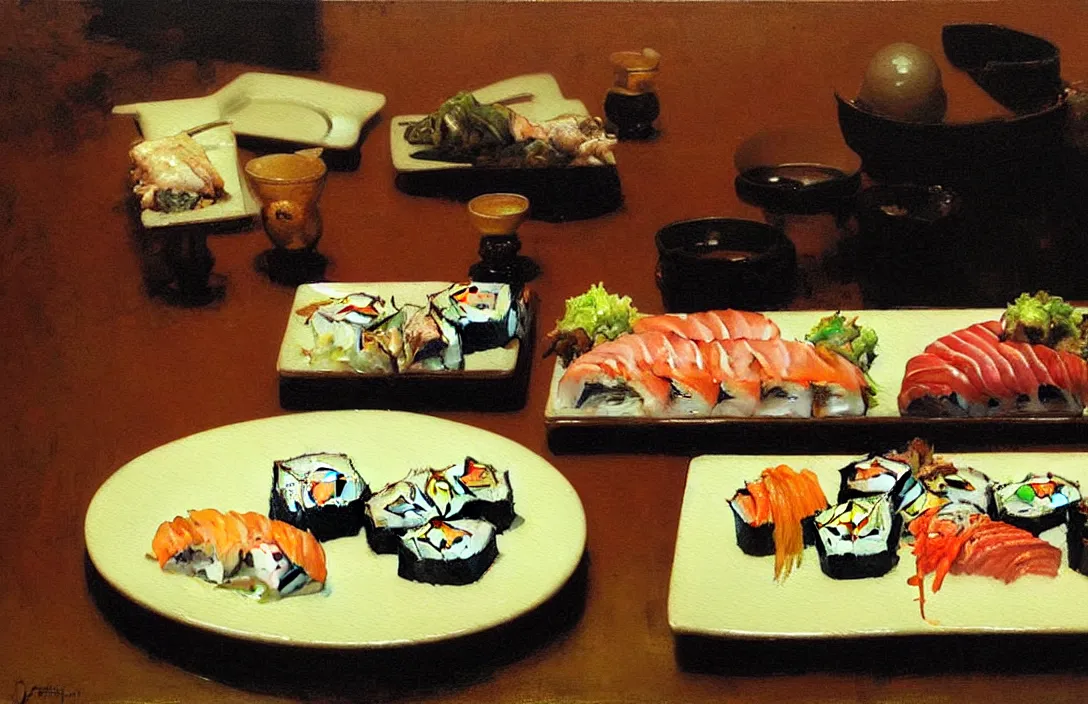 Image similar to a plate of sushi, detailed painting, flat lighting by ilya repin, phil hale and kent williams