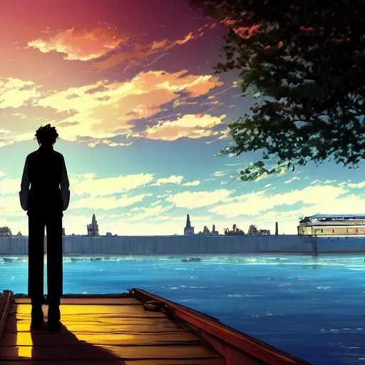 Prompt: a beautiful ultradetailed anime illustration of a man standing on a dock, staring wistfully at the city, up to bottom is clouds，sea，railway，by makoto shinkai，anime wallpaper 4k，prismatic