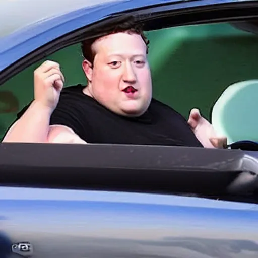 Image similar to fat mark zuckerberg sitting in a car eating tacos