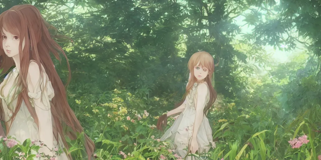 Image similar to a digital art of a loli with long hair in a dress in the privet garden at after noon, green and warm theme, back lighting, by krenz cushart and mucha and akihito yoshida and greg rutkowski and makoto shinkai, extremely long shot, detailed eyes, 4 k resolution, trending on art station