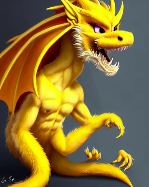 Image similar to character concept art of a cute young male anthropomorphic yellow dragon furry | | cute - fine - face, pretty face, key visual, realistic shaded perfect face, fine details by stanley artgerm lau, wlop, rossdraws, james jean, andrei riabovitchev, marc simonetti, and sakimichan, trending on artstation