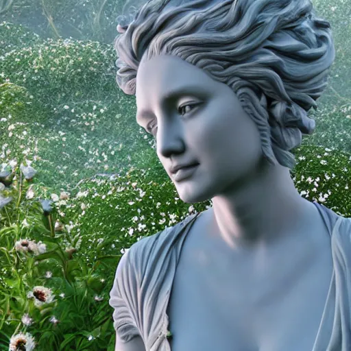 Image similar to an idealistic marble statue with flowery hair in a fractal garden, unreal engine, 8k render, beautiful, full frame,