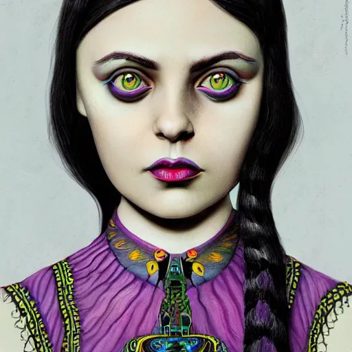 Prompt: An extremely psychedelic portrait of Wednesday Addams, surreal, LSD, face, detailed, intricate, elegant, lithe, highly detailed, digital painting, artstation, concept art, smooth, sharp focus, illustration