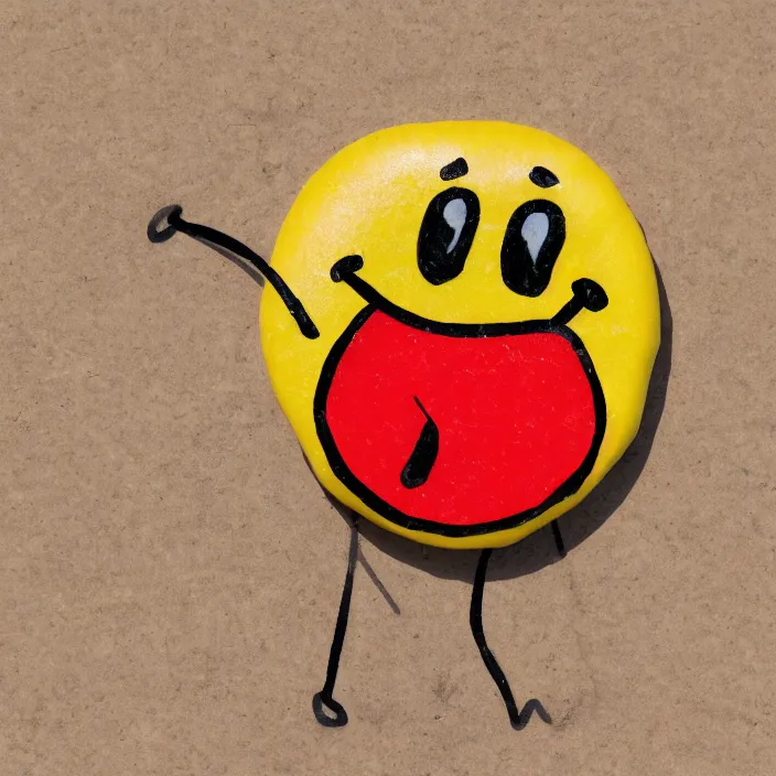 Prompt: a stick figure of sausage with a smiley face and yellow background