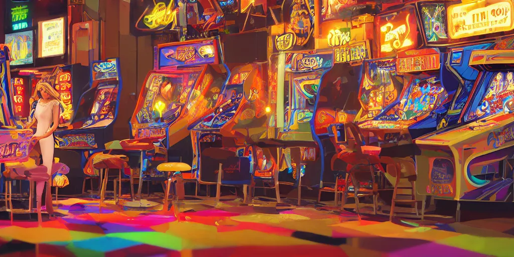 Image similar to an environmental concept art of a stylish woman playing an arcade machine in a cluttered arcade, highly detailed, environmental light, cinematic by francis tneh