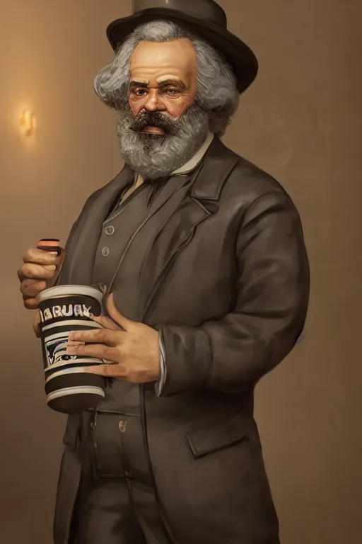 Image similar to Karl Marx working as a Starbucks Barista, hyperrealistic, concept art, octane render, unreal engine 5, trending on DeviantArt, highly detailed, high quality, 8K, soft lighting, cute, natural lighting, realistic face, trending on Artstation, elegant clothes, profile picture, path traced, house background