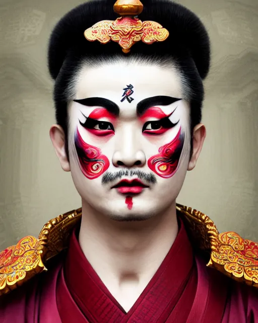 Prompt: photo of a Dramatic Peking Opera male character wearing elaborate makeup with Hindi script words painted on face in the style of stefan kostic, realistic, sharp focus, symmetric, 8k high definition, insanely detailed, intricate, elegant, art by stanley lau and artgerm, William-Adolphe Bouguereau