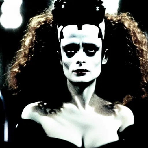 Image similar to cinematic portrait of gentle helena bonham carter as bride of frankenstein as a replicant in a busy nightclub,, still from the movie bladerunner, fashion photography, a sign is in the background, 8 k, high detail, face in focus