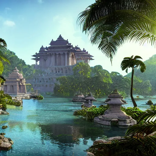 Image similar to 4 k unreal engine render of an ancient never seen before indian high detail palace and temple islands. complex architecture with intricate aetheral pilars. high detailed water. jungle background. afternoon light. hyper realistic render, digital illustration, trending on art station