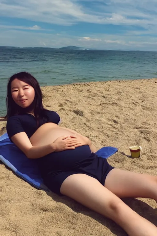 Prompt: Photo of a young pregnant Korean man at the beach sunbathing