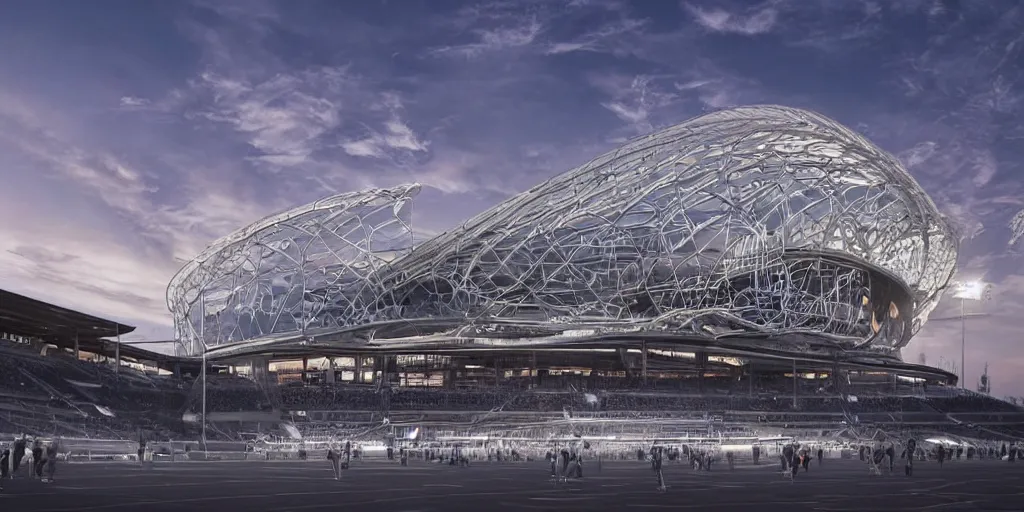 Image similar to extremely detailed ornate stunning sophisticated beautiful elegant futuristic victorian soccer stadium exterior by Henry Young Darracott Scott and Francis Fowke, stunning volumetric light, stainless steal, concrete, translucent material, beautiful sunset, tail lights