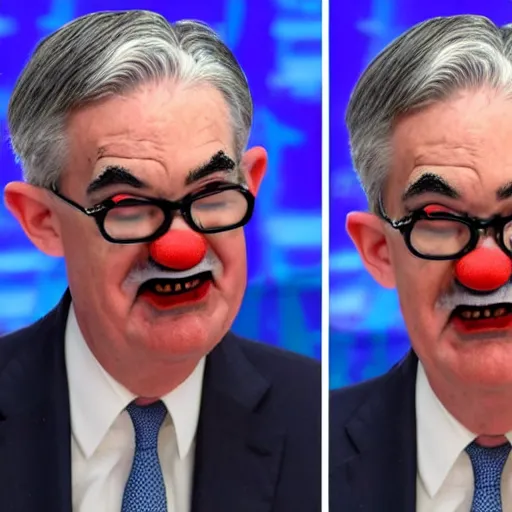 Image similar to Jerome Powell with colorful clown makeup whiteface all over his face