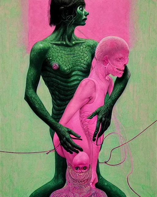 Image similar to a scene from prometheus, annunaki wearing breathing apparatus making humans, in a pink and green colour palette, surrealism, in the style of adrian ghenie, esao andrews, jenny saville, edward hopper, dark art by takato yamamoto