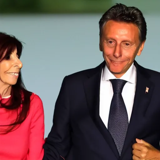 Image similar to Cristina Kirchner holding hands with Mauricio Macri, bokeh, 100mm