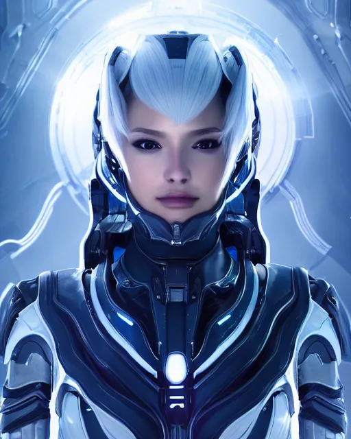 Image similar to photo of a beautiful girl on a mothership, android, warframe armor, pretty face, scifi, futuristic, galaxy, raytracing, dreamy, perfect, aura of light, pure, white hair, blue cyborg eyes, glow, insanely detailed, artstation, innocent look, art by gauthier leblanc, kazuya takahashi, huifeng huang