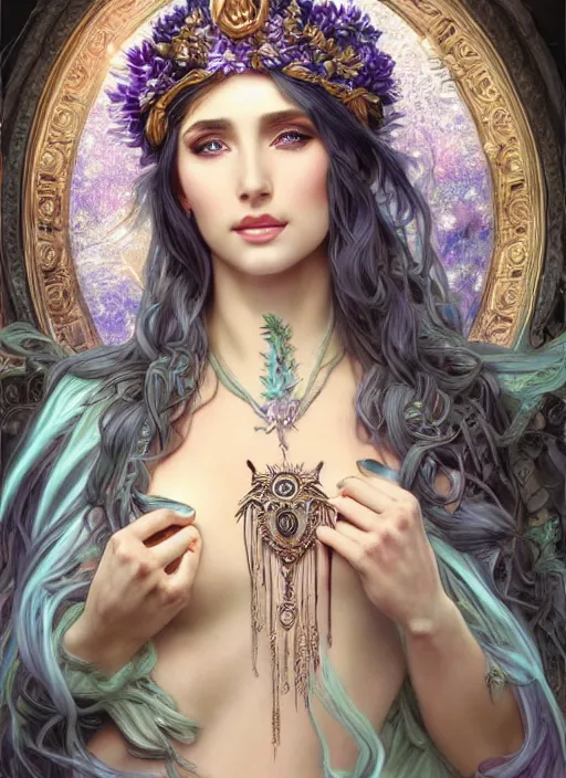 Prompt: Tyrande Whisperwind as a Greek Goddess, beautiful detailed eyes, cute, fantasy, intricate, elegant, highly detailed, digital painting, 4k, HDR, concept art, detailed jewelry, smooth, sharp focus, illustration, art by Artgerm, H R Giger and Alphonse Mucha