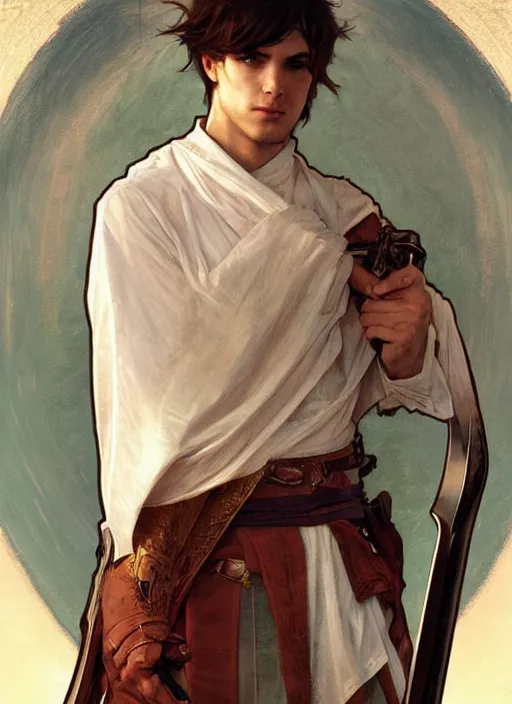 Image similar to a young man with wide, intense eyes. he is bald and clean shaven, dressed entirely in white and holding a huge sword. painting by artgerm and greg rutkowski and alphonse mucha