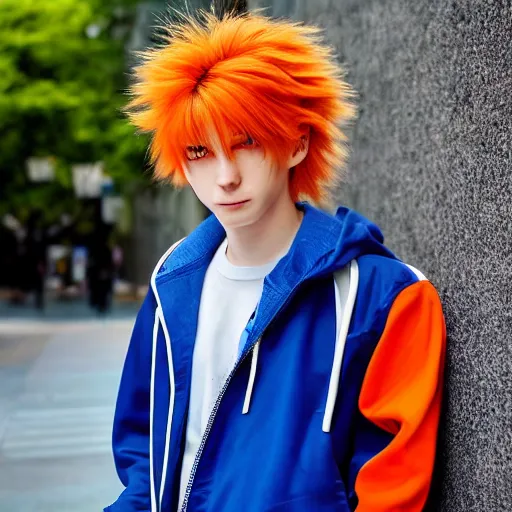 Prompt: orange - haired anime boy, 1 7 - year - old anime boy with wild spiky hair, wearing blue jacket, shibuya street, bright sunshine, strong lighting, strong shadows, vivid hues, sharp details, subsurface scattering, intricate details, hd anime, anime movie, 2 0 2 1 anime