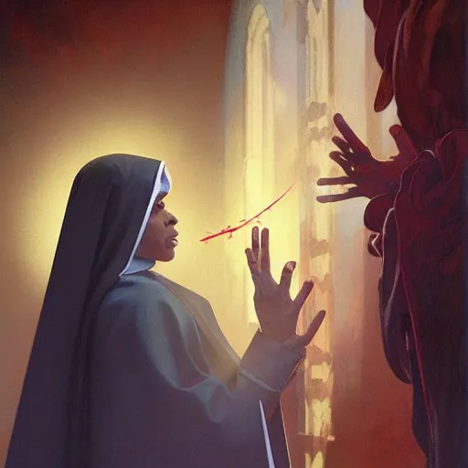 Image similar to highly detailed vfx portrait of dark - skinned nun casting spell on the pope, stephen bliss, greg rutkowski, loish, rhads, beeple, makoto shinkai, tom bagshaw, alphonse mucha, sharp focus, art by artgerm and greg rutkowski, stanley kubrick, backlit, harsh overhead sunlight,