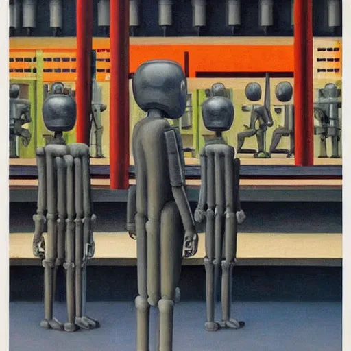 Image similar to drab slave human workers building robots, watched by fascist robots, brutalist factory, dystopian, pj crook, edward hopper, oil on canvas