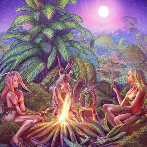 Prompt: richly detailed colored pencil 3 d illustration spartan tea at campfire with trichocereus jungle background smoke haze full moon ayahuasca peyote art by rossdraws range murata and artgerm