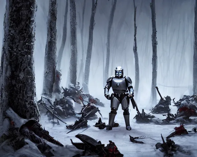 Image similar to jango fett mandalorian bounty hunter is surrounded by dead corpses with blood in a snow forest, concept art highly detailed, a mandalorian is looking at ahuge pile of grey helmets, great cinematic lighting, octane render, 8 k, depth of field, 3 d, art by greg rutkowski, trending on artstation, cinematographic shot