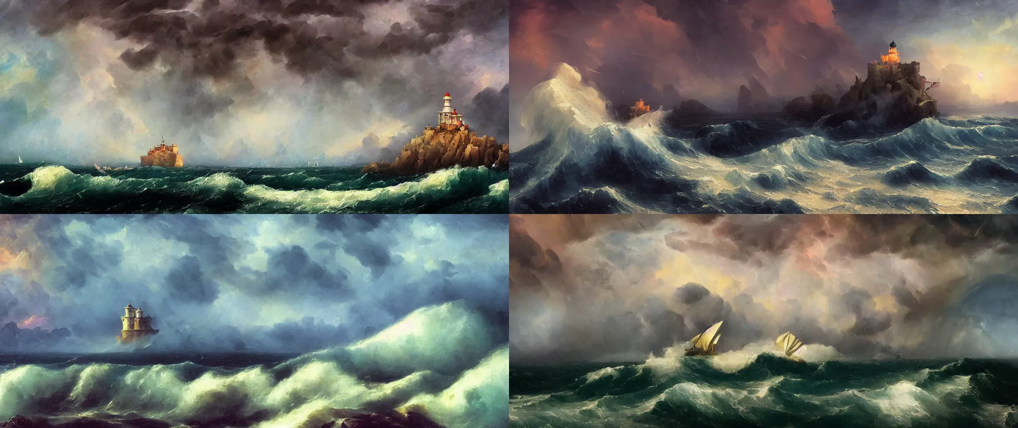 Prompt: closeup of giant waves breaking against rocks, harbor, medieval castle, lighthouse, galleon, ships, lightning, storm, eerie sky, evil sky, shimmering iridescent water, in the style of Leonid Afremov, Hovhannes Aivazovsky, Zdzislaw Beksinski and Canaletto, highly detailed, soft lighting, film grain, medium format, 8k resolution, oil on canvas