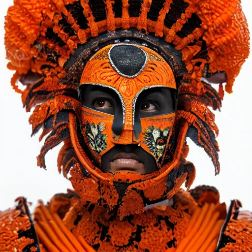 Prompt: a portrait of a beautiful young mexican male wearing an alexander mcqueen armor made of orange ceramic , photographed by andrew thomas huang, artistic