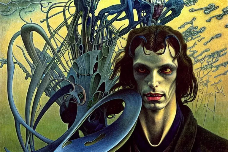 Image similar to realistic extremely detailed portrait painting of an elegantly creepy vampire man in cape, futuristic sci-fi landscape on background by Jean Delville, Amano, Yves Tanguy, Alphonse Mucha, Ernst Haeckel, Edward Robert Hughes, Roger Dean, rich moody colours, blue eyes