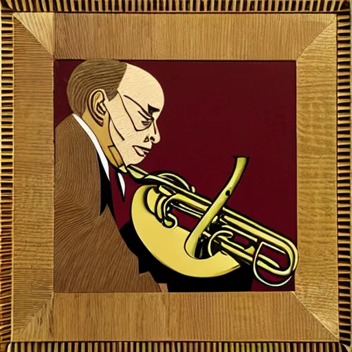 Prompt: marquetry art of jazz musician playing trumpet solo