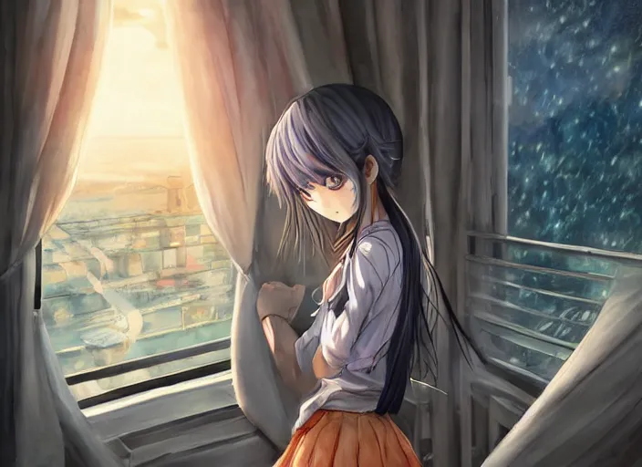 Image similar to anime girl in skirt looking out the window at megopolois and sunset, dynamic composition, motion, ultra-detailed, incredibly detailed, a lot of details, amazing fine details and brush strokes, colorful and grayish palette, smooth, HD semirealistic anime CG concept art digital painting, watercolor oil painting of Clean and detailed post-cyberpunk sci-fi close-up schoolgirl in asian city in style of cytus and deemo, blue flame, relaxing, calm and mysterious vibes,, by a Chinese artist at ArtStation, by Huang Guangjian, Fenghua Zhong, Ruan Jia, Xin Jin and Wei Chang. Realistic artwork of a Chinese videogame, gradients, gentle an harmonic grayish colors. set in half-life 2, Matrix, GITS, Blade Runner, Neotokyo Source, Syndicate(2012), dynamic composition, beautiful with eerie vibes, very inspirational, very stylish, with gradients, surrealistic, dystopia, postapocalyptic vibes, depth of field, mist, rich cinematic atmosphere, perfect digital art, mystical journey in strange world