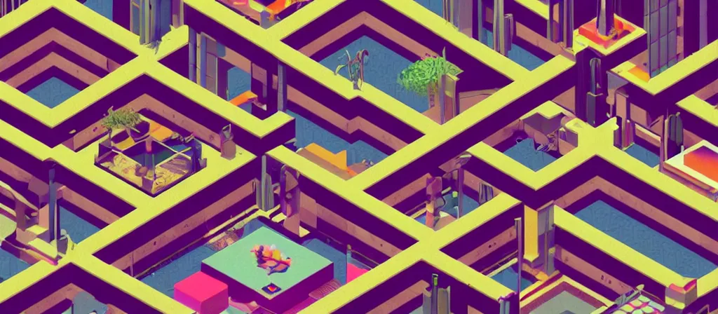 Prompt: huge gargantuan angular dimension of the backrooms indoor 7 0 s moquette scenario. surrealism, mallsoft, vaporwave, trending on artstation, shot from above, axonometric camera perspectic, epic scale by escher