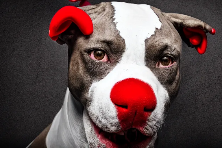 Image similar to an angry pit bull wearing clown makeup and a red rubber nose, 4 k, hdr color