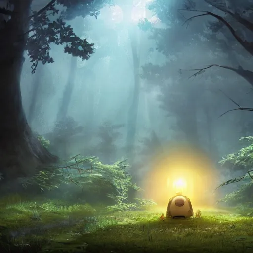 Image similar to A forest with a ray of light shining down onto the forest floor, tattered robot, totoro hiding behind tree, magical, enchanting, graveyard, studio ghibli, beautiful, fantasy, digital art, high detail, excellent quality, 4K, OLED