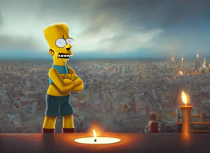 Prompt: bart simpson watching the view of moscow, lit by candles, digital painting, artstation, concept art, craig mullins, breathtaking, 8 k resolution, extremely detailed, beautiful, establishing shot, artistic, hyperrealistic, octane render, cinematic lighting, dramatic lighting, masterpiece, light brazen, extremely detailed and beautiful face