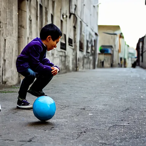 Image similar to a boy playing with a ball in the street 2 0's style