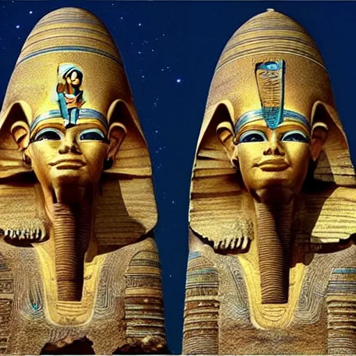 Prompt: the annunaki have returned to egypt wearing space suits that look like egyptian pharoah head - dresses and breathing hoses that look like elephant trunks - alien - looking, futuristic, detailed, photo - realism - by bob ross