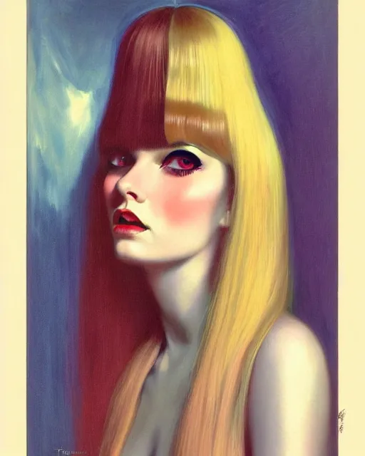 Prompt: portrait 1 9 6 0 s elegant blonde beautiful mod girl, long straight 6 0 s hair with bangs, groovy, occult, by brom, tom bagshaw, sargent