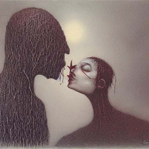 Image similar to vampire kisses man by Beksinski