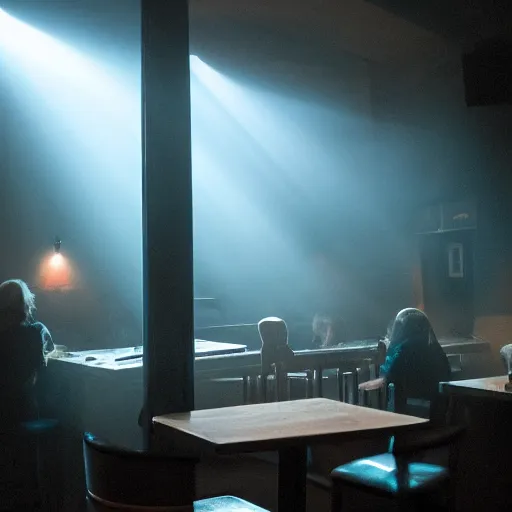 Image similar to a still of jesus sitting down on a stool at the bar, last call. it's dark and smoky. god rays through fog.