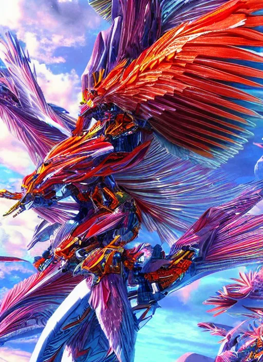 Image similar to / imagine a 3 d render of a huge robot with feathered wings attached to its back. saturated colors, ultra detailed, hyper realistic, intricate, japanese, futuristic,