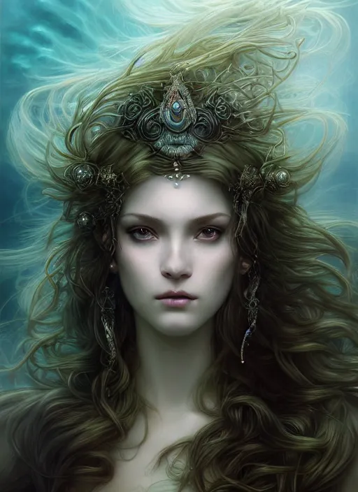 Image similar to beautiful goddess portrait of a seductive twilight princess dreaming in underwater murky light, wind blown hair! dark fantasy esoteric, closeup, d & d, fantasy, intricate, elegant, highly detailed, digital painting, artstation, concept art, matte, sharp focus, illustration, art by artgerm and tom bagshaw and greg rutkowski and alphonse mucha