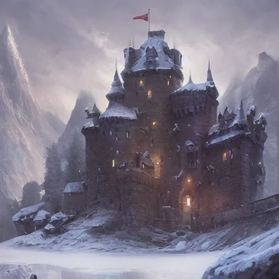 Image similar to a painting of a castle in the middle of a snowy mountain, a detailed matte painting by andreas rocha and greg rutkowski, featured on artstation, fantasy art, matte drawing, matte painting, artstation hq